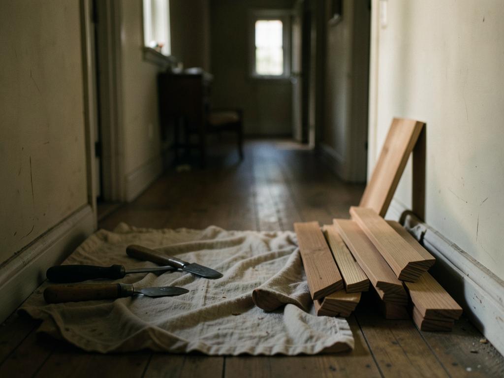 Hand tools on a drop cloth beside neatly stacked trim boards in a hallway