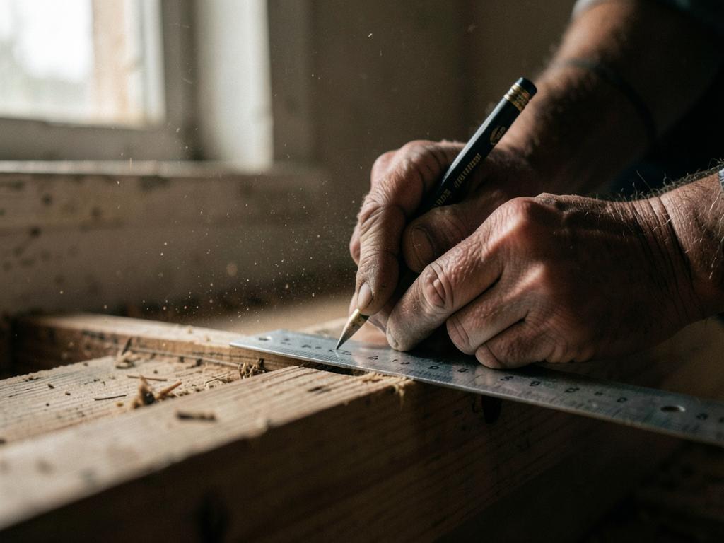 Hands marking a floor joist with a framing square in an older home