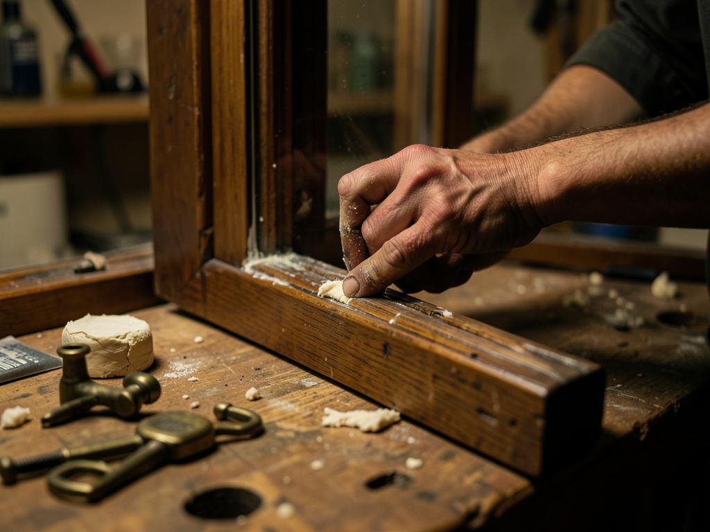 Hands reglazing a century-old wood window sash on a workbench